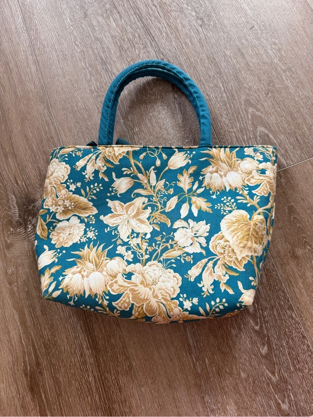 Teal Floral Quilted Tote Bag with Bow Accent
